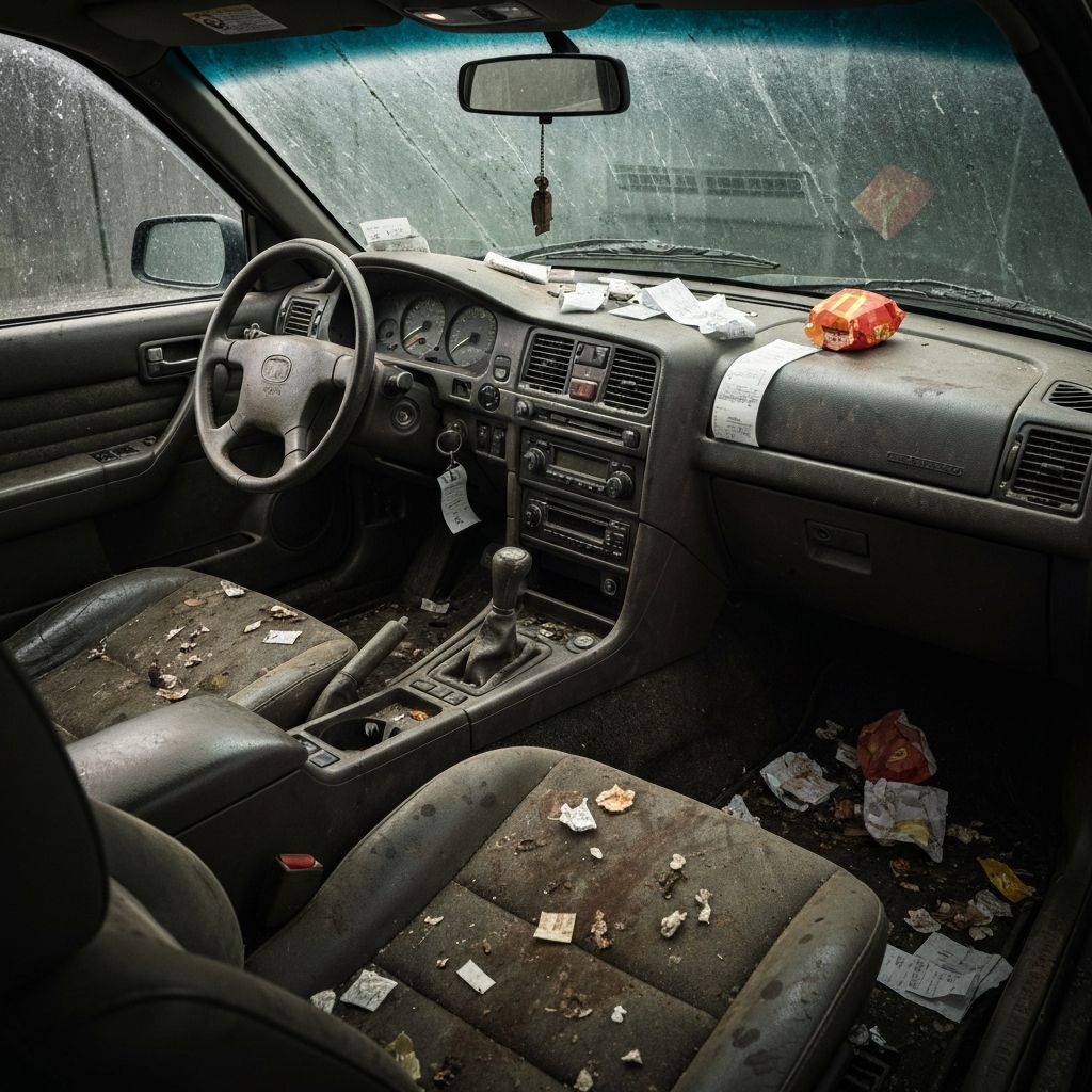 Car interior before professional detailing with visible stains and dirt