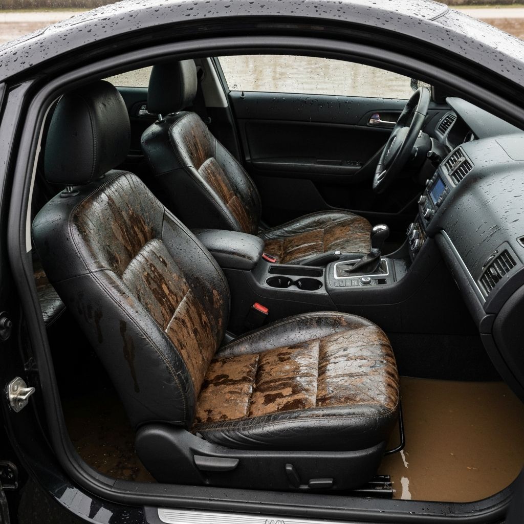 Black interior car with severe flood damage and standing water